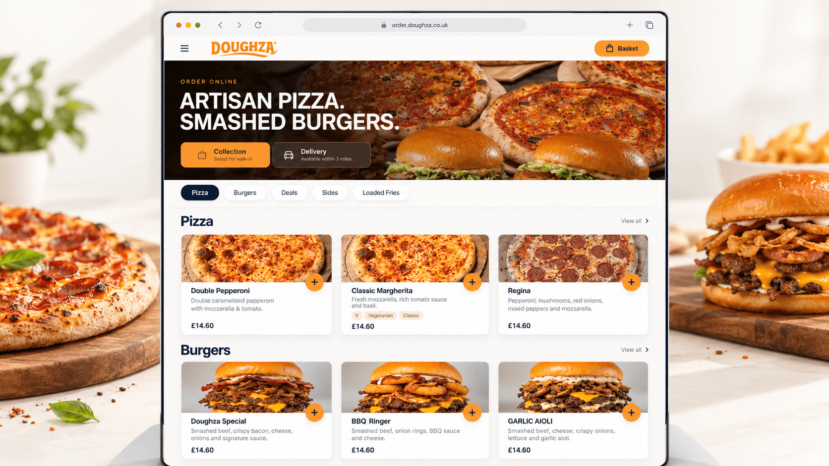 Doughza online ordering experience, shown in a clean browser mockup with collection, delivery and food menu